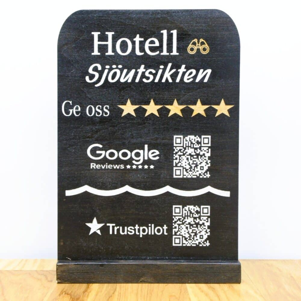 Google review QR-skylt i plywood – kundomdömen 19x28 cm